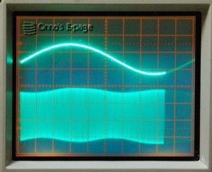 
      VLF oscillator signal and vibrato action.<br>
      Shallower modulation at double frequency,<br>
      Phasing effect not visible, alas.